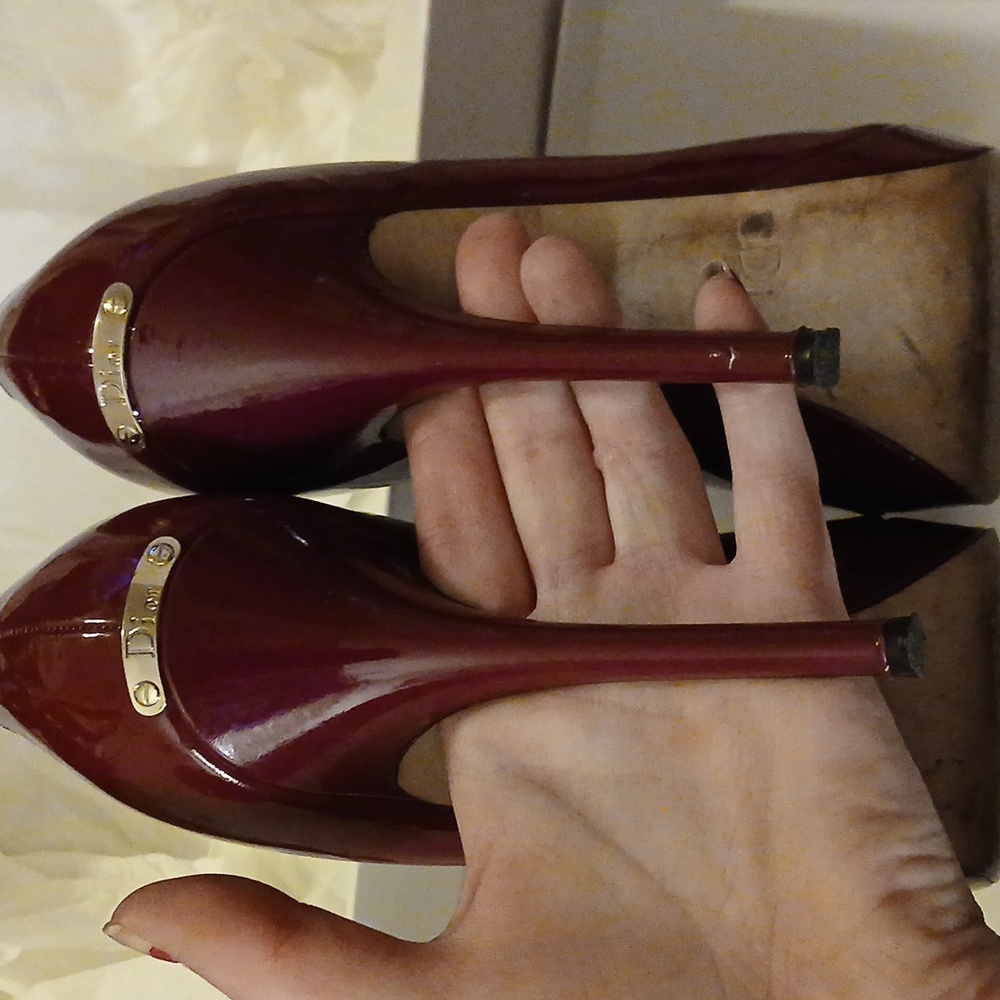 MISS DIOR Logo Classic Peep Toe Pumps Patent Leather Platform Stiletto High Heel - Picture 2 of 16